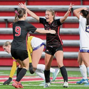 Fox Chapel’s Emily McKee (12) celebrates with Sophie Thorne after scoring against Plum during their WPIAL Class 3A semifinal last season.