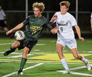Deer Lakes’ Jacob Orseno fights for the ball with Hopewell’s Quincy Sannan during a WPIAL Class 2A first-round game last season.