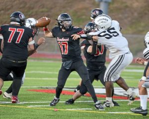 Charleroi's Jaxon Klinger throws against Monessen during their game Aug. 22, 2025, at Charleroi.