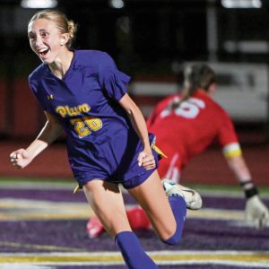Plum’s Emily Grubich celebrates after scoring during the second half against Franklin Regional on Monday.
