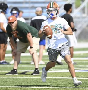 Yough quarterback Aidan Shaffer rolls out during the WCCA 7-on-7 tournament in July.