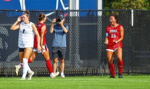 Robert Morris captain Paloma Swankler, a Norwin grad, celebrates a goal against Southern Indiana on Aug. 21, 2025.