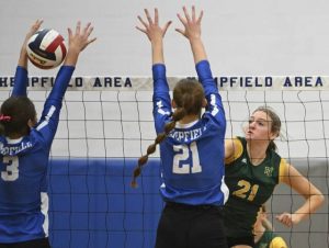 Penn-Trafford’s Ella McDonald spikes on Hempfield’s Ella Berkebile on Oct. 8, 2024 at Hempfield Area High School.
