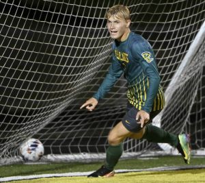 Deer Lakes’ Collin Rodgers celebrates after scoring against Shady Side Academy on Thursday, Aug. 28, 2025, in West Deer.