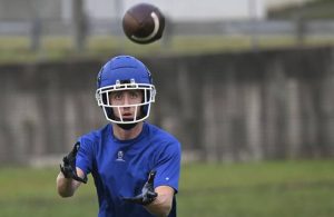 Leechburg wide receiver Tristan Zalenski works out during camp. The Blue Devils beat Beth-Center, 58-6, on Friday.