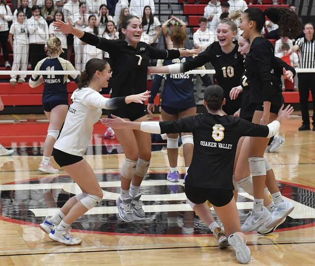 Quaker Valley celebrates beating Hopewell during the WPIAL Class 2A girls volleyball championship Nov. 2, 2024 at Peters Township High School.