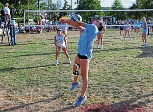 Kiski Area’s Addie Feroce makes a pass against Norwin during the annual Pack the Park volleyball game Tuesday at Kennedy Park in Vandergrift.
