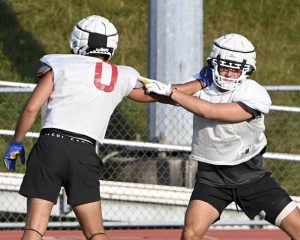 Peters Township’s Reston Lehman works out with Lucas Shanafelt during a preseason practice.