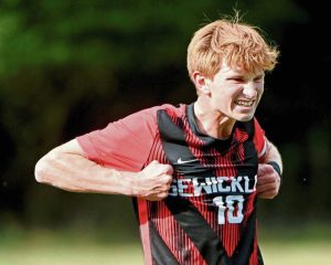 Sewickley Academy’s Finn Wentz celebrates his goal against Aquinas Academy on Sept. 2 at Nichol Field in Edgeworth.