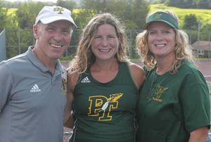 Penn-Trafford girls tennis coach Megan Satira (center) is flanked by her dad Joe Hudak and mother Denise Hudak. They are Satira’s assistant coaches.