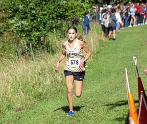 Gateway sophomore Piper Munyon runs on the Boyce Park course at the Gateway Invitational on Aug. 30, 2025. Munyon placed second overall in a time of 19 minutes, 44.01 seconds.