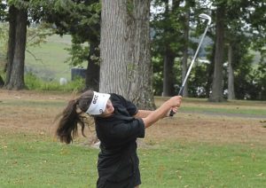 Greensburg Central Catholic’s Alayna Stawovy hits a tee shot on No. 7 at Champion Lakes during the Westmoreland County Coaches’ Association championship Thursday.