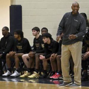 Gateway head coach Alvis Rogers reacts from the bench during a game on Thursday, Feb. 1, 2024, at Kiski Area.