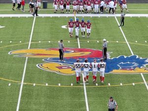 Captains for Jeannette and Ligonier Valley meet at midfield before their game Friday, Sept. 5, 2025.