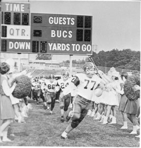 Burrell’s Rick Nadolny (77) leads the Bucs on to the field for the first-ever game at Buccaneer Stadium on Sept. 14, 1965. Kittanning wasn’t in a sentimental mood, however, as the Wildcats blanked the Bucs, 26-0.