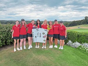 Sewickley Academy girls golf team members in 2025 include, from left, Ella Titler, Sophia Senovich, Charlotte Andrews, Samaira Bhat, Olivia Busatto, Emily Milanovich, coach Kelly Beatty and Bridget Hulick. Missing from the photo is Angelina Rippole.