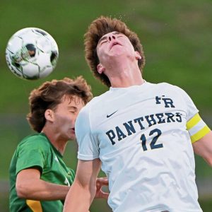 Franklin Regional’s Cruise Lamanna battles Penn-Trafford’s Brennen Neubauer for a header during their game on Tuesday, Aug. 26, 2025, in Harrison City.