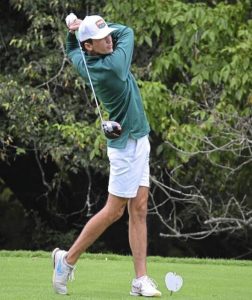 <strong>Top and above</strong>: Pine-Richland’s Owen Thompson competes for the golf team during the 2025 season.