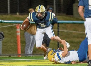 Freeport’s Luke Selinger breaks in to the end zone for a touchdown against Derry in the second half Aug. 29, 2025, at Freeport High School.