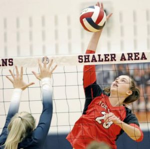 Emma DiRocco looks to put the ball away during a 3-0 loss against Shaler during its Section 4-4A match Sept. 9, 2025, at Shaler High School.