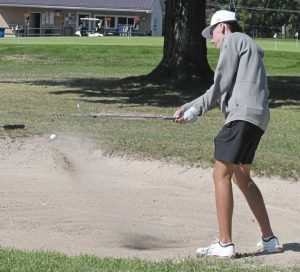 Penn-Trafford’s Jake Lenart plays out of the sand at the WCCA championship at the Latrobe Elks Golf Course on Thursday, Sept. 11, 2025.