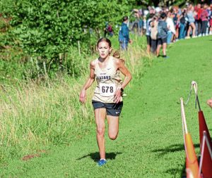 Gateway sophomore Piper Munyon runs on the Boyce Park course at the Gateway Invitational on Aug. 30, 2025. Munyon placed second overall in a time of 19 minutes, 44.01 seconds.