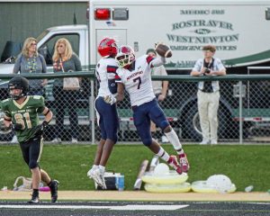 McKeesport's Michael Wright (7) and Javien Robinson (6) celebrate against Belle Vernon during their game Sept. 12, 2025, at Belle Vernon.