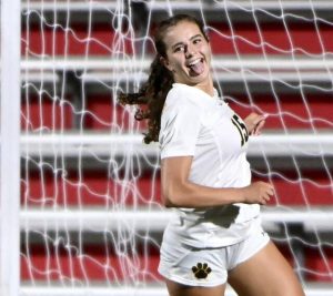 North Allegheny’s Bella Montgomery celebrates after scoring against North Hills on Wednesday, Sept. 3, 2025, at Martorelli Stadium.