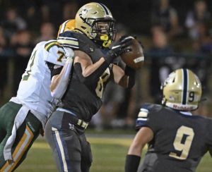 Freeport’s Danny King intercepts a pass intended for Deer Lakes’ Dom Sciubba last Friday.