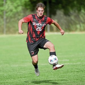 Sewickley Academy’s Blake Wilmot controls the ball during the Panthers’ game against Aquinas Academy on Tuesday, Sept. 2, 2025, at Nichol Field in Edgeworth.