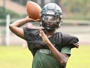 Allderdice quarterback Tre Ford throws during a preseason practice.