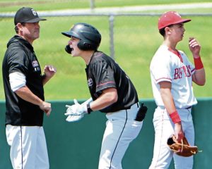 Greensburg Central Catholic’s Ian Shipley, who has since transferred to Mt. Pleasant, celebrates after driving in a run with a triple against West Middlesex during their PIAA Class A first round state playoff game Monday, June 2, 2025, at Slippery Rock University.