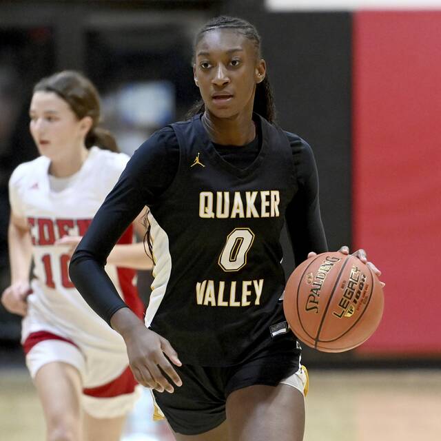 Quaker Valley’s Mimi Thiero drives upcourt against Eden Christian Academy on Wednesday, Dec. 4, 2024, at Eden.