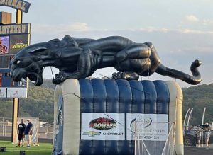 The mascot at Franklin Regional awaits the start of a high school football game between the Panthers and visiting Gateway, Friday, Sept. 19, 2025, in Murrysville.