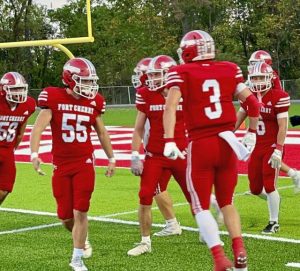 Fort Cherry players celebrate with Matt Sieg (3) after he scored against Monessen on Sept. 19, 2025, at Fort Cherry.