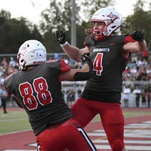 Avonworth’s Luca Neal celebrates with Marco Arlia after he scored during their game against Hopewell on Friday, Sept. 19, 2025, in Ohio Twp.