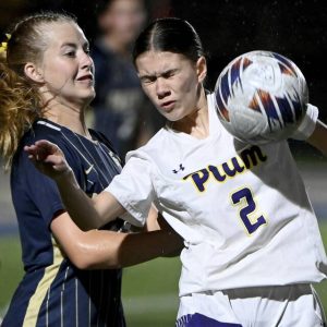 Plum’s Ali Joyce battles Franklin Regional’s Grace Copeland for possession during their game on Monday, Sept. 22, 2025, in Murrysville.