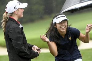 Shady Side Academy’s Alyssa Zhang celebrates with Peters Township’s Ellie Benson after they won the 2024 WPIAL girls golf championships at Butler Country Club.