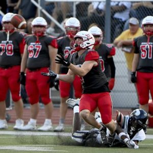 Avonworth’s Luca Neal catches a pass against Hopewell on Friday, Sept. 19, 2025, in Ohio Twp.