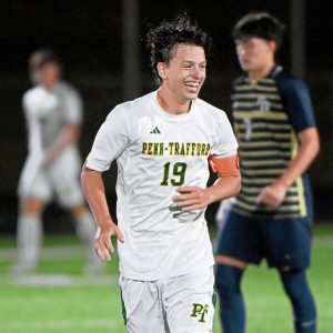 Penn-Trafford’s Cooper Geyer celebrates after scoring the lone goal against Franklin Regional on Tuesday.