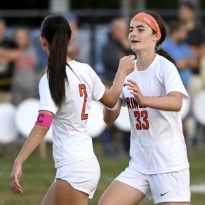 Springdale’s Adele Walters-Vrabel (right) celebrates her second goal with Hailey Marchlewski during their game against Riverview on Thursday, Sept. 11, 2025, in Oakmont.