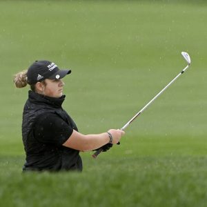 Elizabeth Forward’s Mya Morgan, shown during the WPIAL Class AAA girls golf championship last year, leads this year’s tournament after the first round.