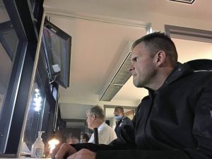 Norwin athletic director Mike Burrell watches a soccer game from the press box at Norwin Knights Stadium