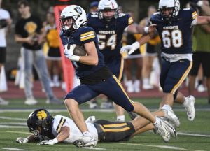 Norwin’s Jake Knight runs for a first-quarter touchdown against North Allegheny on Sept. 19, 2025 at Norwin High School.