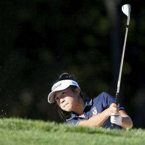 Shady Side Academy’s Alyssa Zhang watches her bunker shot onto the green on No. 18 during the WPIAL Class 2A girls golf championship on Wednesday, Oct. 1, 2025, at Sewickley Heights Golf Club.