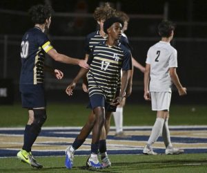 Franklin Regional’s Keaton Sheetz celebrates with Aiden Alexander after Alexander’s goal against Belle Vernon on Thursday.