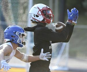 Chartiers Valley’ Julius Best catches a pass during a 7-on-7 competition at Mt. Lebanon High School.