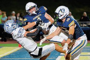 Norwin's Jake Knight comes down with an interception in the end zone to seal victory against Hempfield on Friday, Oct. 3, 2025, at Norwin.