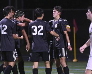 Quaker Valley’s Liam Miller celebrates his goal with teammates during the Quakers’ game against Hopewell on Tuesday, Oct. 7, 2025, in Leetsdale.