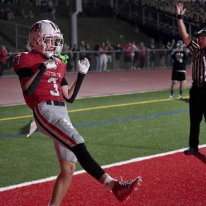 Peters Township’s Peter Lucas dances after catching a touchdown pass during the third quarter against Upper St. Clair on Sept. 26.